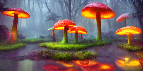a beautiful garden of  colorful mashrooms in the forest, mushrooms on the patches of grass in the water