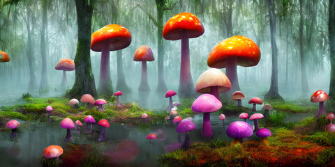 a beautiful garden of  colorful mashrooms in the forest, mushrooms on the patches of grass in the water