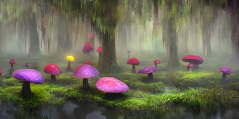 a beautiful garden of  colorful mashrooms in the forest, mushrooms on the patches of grass in the water