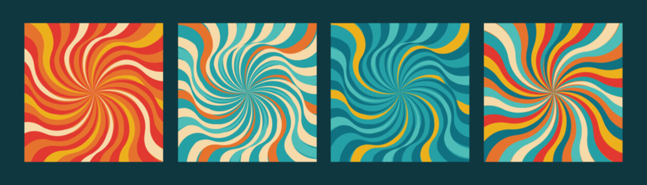 Set of 4 Spiral Psychedelic Illustrations in Orange, Red, Blue and White Color Palette. Trendy Groovy Psychedelic Designs 