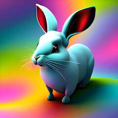 3d Easter blue bunny with white big ears on colorful abstract background. Generative AI