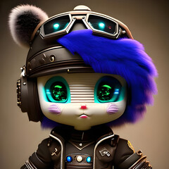 Illustrated character with big eyes, blue hair, helmet and glasses on a gray background. Generative AI