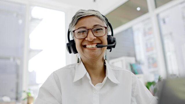 Call Center, Woman And Face For Customer Service, Smile Or Trust Sales Receptionist In Office. Happy Portrait, Telemarketing Agent And Help Desk Communication For Consulting Of Telecom Administration