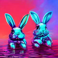 Two Easter neon bunnies in blue-red colors. Generative AI