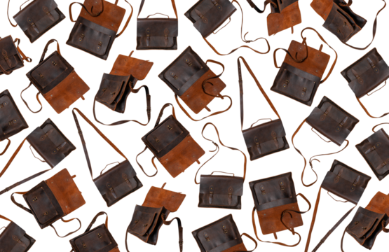 Pattern from Brown leather men's bag, briefcase isolated on white background. Cut out object, document suitcase, business, shoulder bag, vintage backpack. Fashion, style, accessory mockup