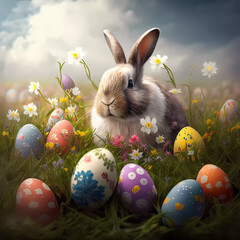 Easter Bunny close-up. Spring flowers, Easter eggs. Copy space. generative AI