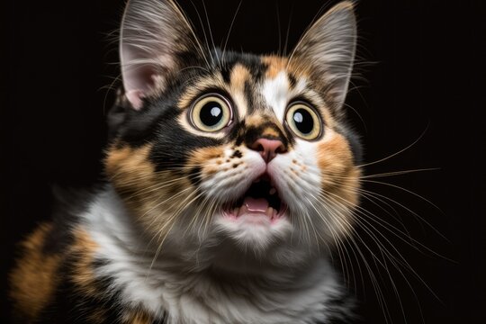 Photograph of a calico cat looking up in fear. Selected focus on the terrified expression of a tortoiseshell kitten. Generative AI