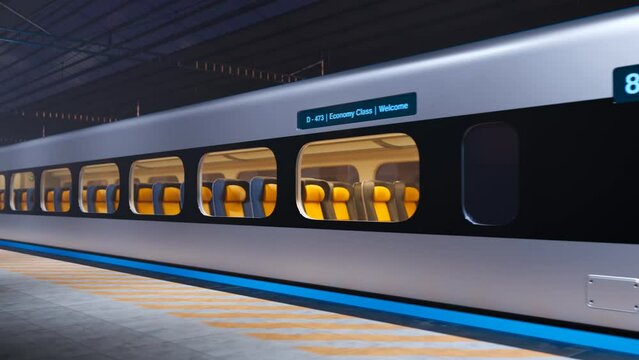 Modern high-speed train departing from an empty transfer station at night. 4kHD