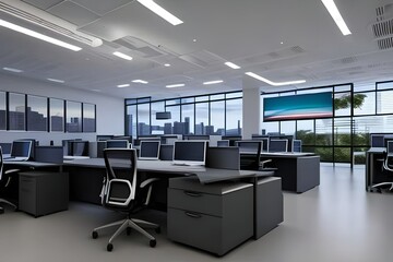 Images related to business, finance and technology, such as images offices, business meetings, laptops, tablets and other technology, octane render, office, room, GENERATIVE AI