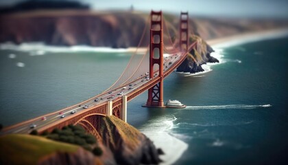 golden gate bridge tilt shift aerial view generative ai