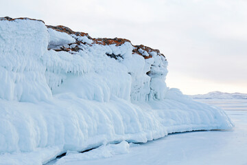 ice splashes on the rocks of Lake Baikal
