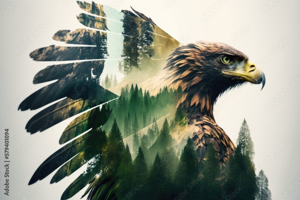 Poster Eagle and Green Forest in Double Exposure. Conservation as a theoretical framework for dealing with wildlife. Generative AI