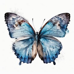 Beautiful blue butterfly, top view. Watercolor illustration of a blue butterfly isolated on white background. Generative AI art.