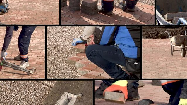 building material brick blocks for building a stack of warehouse bricks for building a house. 
Pavement tiles concrete brick stack on a wooden pallet in the street orbiting shot
Construction Site with