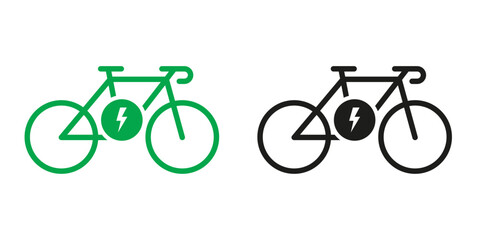 Electric Bike, Ecological Transport on Electronic Energy Green and Black Glyph Pictogram Set. Eco Hybrid Bicycle Icons. Ebike Sign. Ecology Electro Power Silhouette Icon. Isolated Vector Illustration