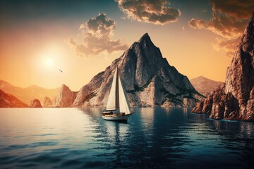 Sailboat in the Mediterranean Sea at sunset, with a backdrop of majestic mountains; a picture perfect scene of a luxurious and action packed summer vacation in Turkey. Generative AI