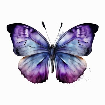 Beautiful purple butterfly, top view. Watercolor illustration of a violet butterfly isolated on white background. Generative AI art.