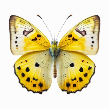 Beautiful yellow butterfly, top view. Watercolor illustration of a yellow butterfly isolated on white background. Generative AI art.