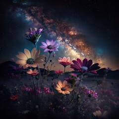Fototapeta na wymiar Stars made from dust over colorful flowers in plains. Generative ai