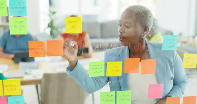Black woman writing, team or sticky notes for planning, brainstorming for marketing campaign or presentation. Jamaican female or leader write on glass board, advertising strategy or business