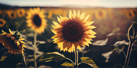 Sunny Garden: Sunflower Field in the Summer Sunlight Outdoors, Nature. Generated by AI