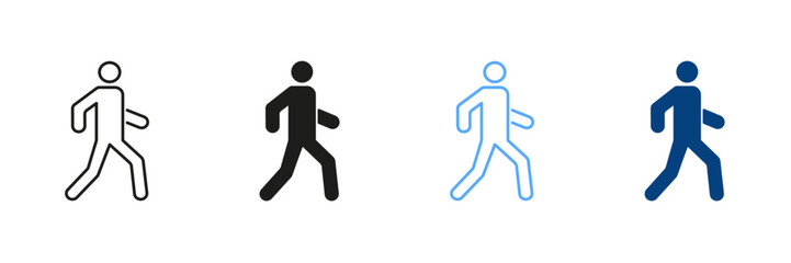 Pedestrian Walking On Street. Person Run Line And Silhouette Color Icon Set. Man Walking Pictogram. Man On The Road Outline And Solid Sign Collection on White Background. Isolated Vector Illustration
