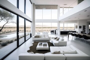 Modern minimalist design interior living room with high ceilings, AI generated