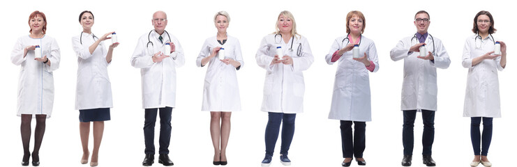 Fototapeta premium group of doctors holding jar isolated on white
