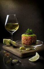 Salmon and avocado tartare and a glass of white wine, lemon on the table. Delicious meal.created with Generative AI technology