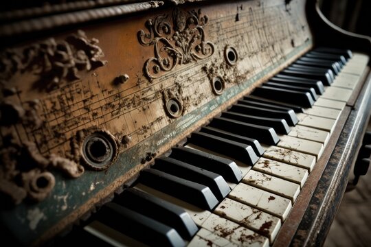 Antiquated piano with a lot of character. Keyboard keys up close and personal. Generative AI