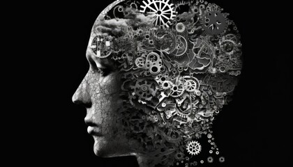 Gear Mechanism Inside Human Head, thinking innovation Concept, AI generated