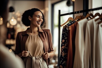 Happy woman shopping, a woman with a radiant smile browsing through a high-end fashion boutique filled with designer clothes, shoes, and accessories, AI generated