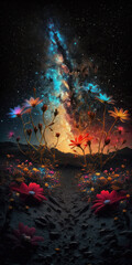 Dark stunning night, stars and dust surround colorful flowers in fantasy plains.