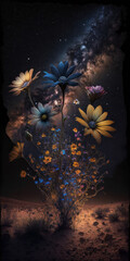 Dark stunning night, stars and dust surround colorful flowers in fantasy plains.