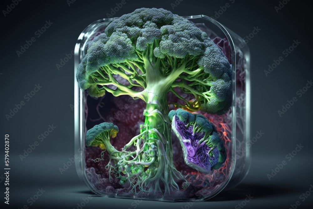 Poster antioxidant food as a concept. in lab manipulation of broccoli for the purpose of extracting healthf