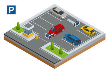Isometric robot valet parking cars. Outdoor valet parking robot. Automated parking systems for cars Self-driving forklift. Automated parking system.