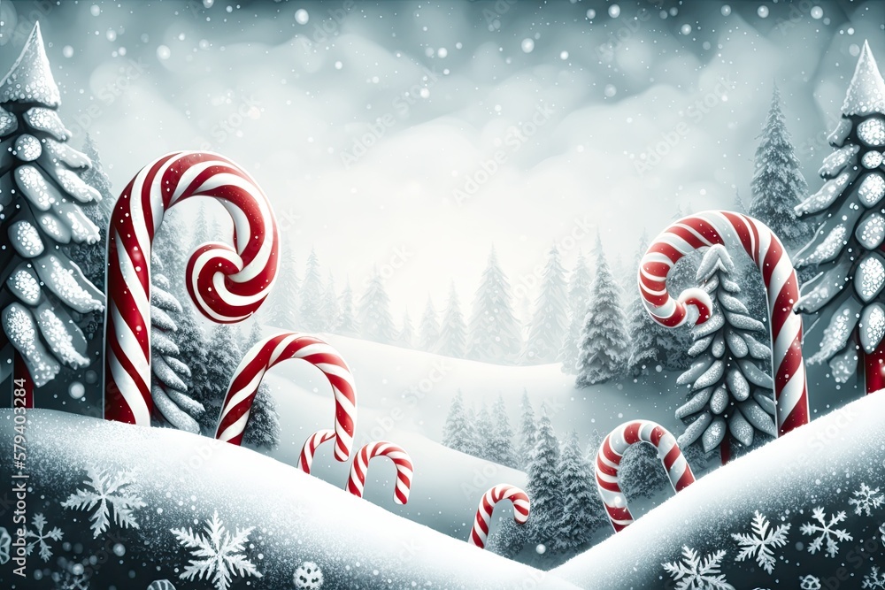 Poster snowflakes gently falling on a hillside covered with candy canes. Document in PDF format is provided. Generative AI