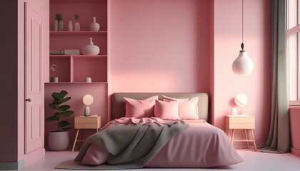 Realistic Illustration of modern minimalistic pinkbedroom background, Generative AI 