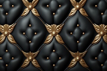 Black leather texture adorned with gold decorative, generative AI