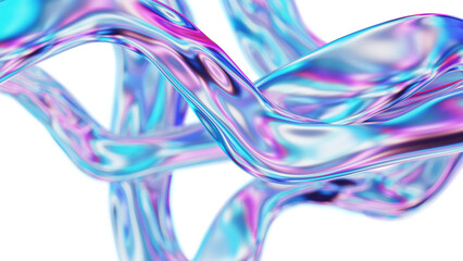 Abstract glass geometric composition, iridescent holographic crystal shapes with gradient texture in motion  Spiral twisted fluid forms, isolated digital art object transparent back. 3D illustration. 