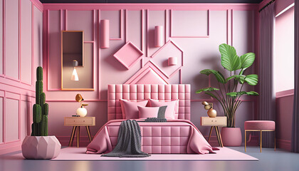 Realistic Illustration of modern minimalistic pinkbedroom background, Generative AI 