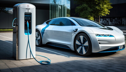 EV futuristic sport car charging with charger at electric charge station, Generative AI