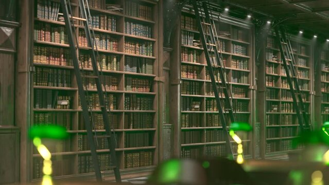 Beautiful looping vintage library with countless historic books on shelves. 4KHD