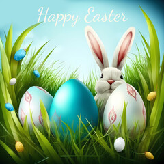 Fototapeta premium White rabbit in green grass.Easter eggs. Copy space. generative AI