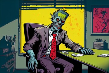 Old Zombie with Red Eyes in Modern Simple Bright Office: A Comic-style Generative AI Illustration