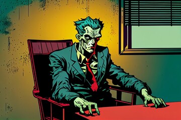 Old Zombie with Red Eyes in Modern Simple Bright Office: A Comic-style Generative AI Illustration