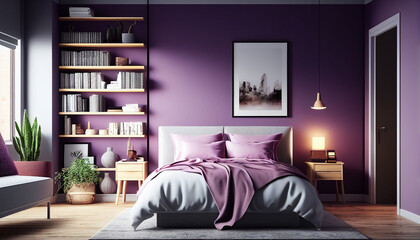 Realistic Illustration of modern minimalistic perple bedroom background, Generative AI 