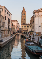 A view of a canal and typical architecture in Venice, Italy, in the springtime 