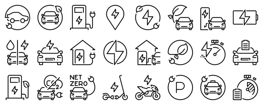 Line icons about electric vehicles on transparent background with editable stroke.