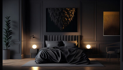 Realistic Illustration of modern minimalistic dark bedroom background, Generative AI 